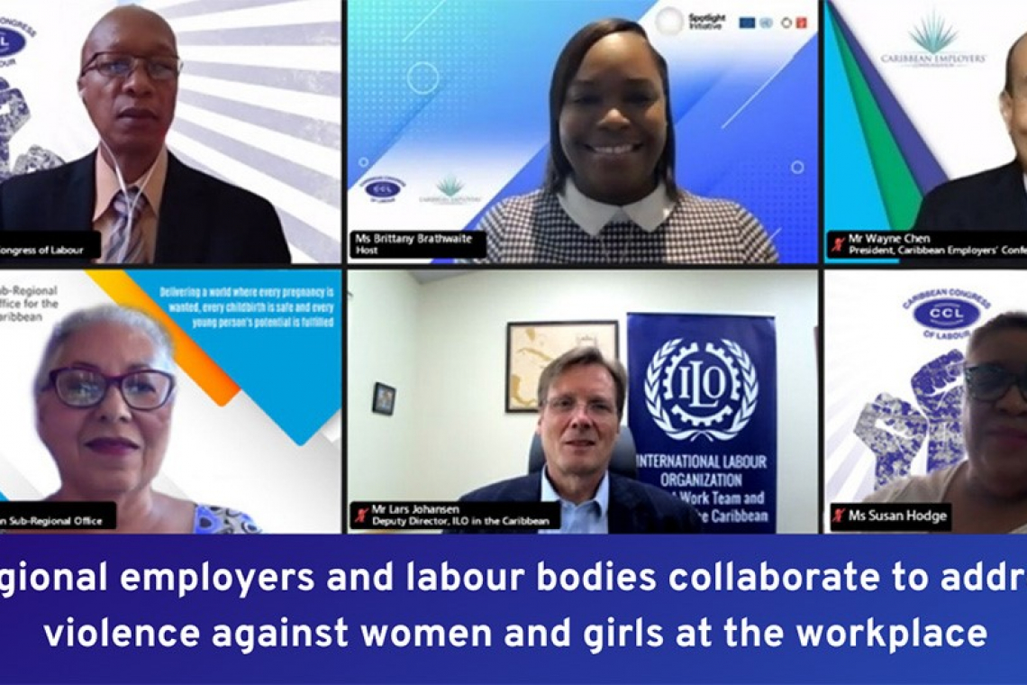 Screenshot from the Virtual Launch of the Joint Regional Effort between the CEC and the CCL under the Spotlight Initiative. Top row, from left: Andre Lewis – President, Caribbean Congress of Labour; Brittany Brathwaite – Moderator; and Wayne Chen – President Caribbean Employers’ Confederation. Bottom row, from left: Alison Drayton – UNFPA Caribbean Sub-Regional Office; Lars Johansen, Deputy Director, ILO Decent Work Team and Office for the Caribbean and Susan Hodge – Assistant General Secretary, Caribbean Congress of Labour